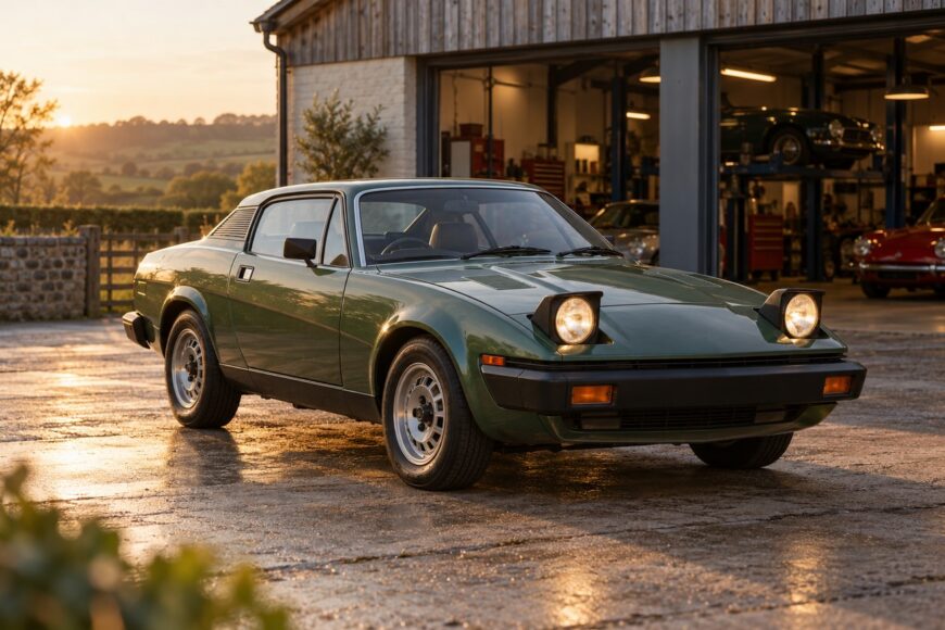 A vintage green Triumph TR7 sports car with pop-up headlights turned on parked outside a garage at sunset