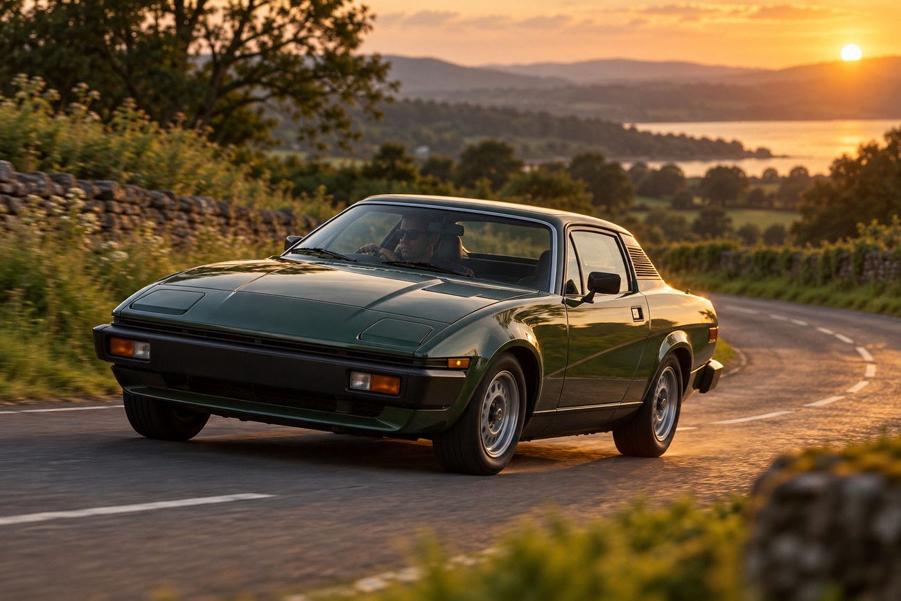 A dark green Triumph TR7 sports car driving on a winding country road during a scenic sunset