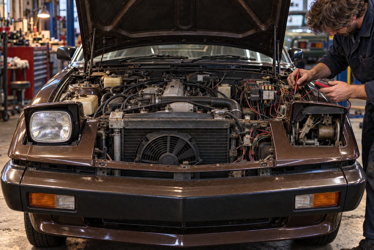 A mechanic uses a multimeter to test the wiring near the open pop-up headlight of a brown Triumph TR7