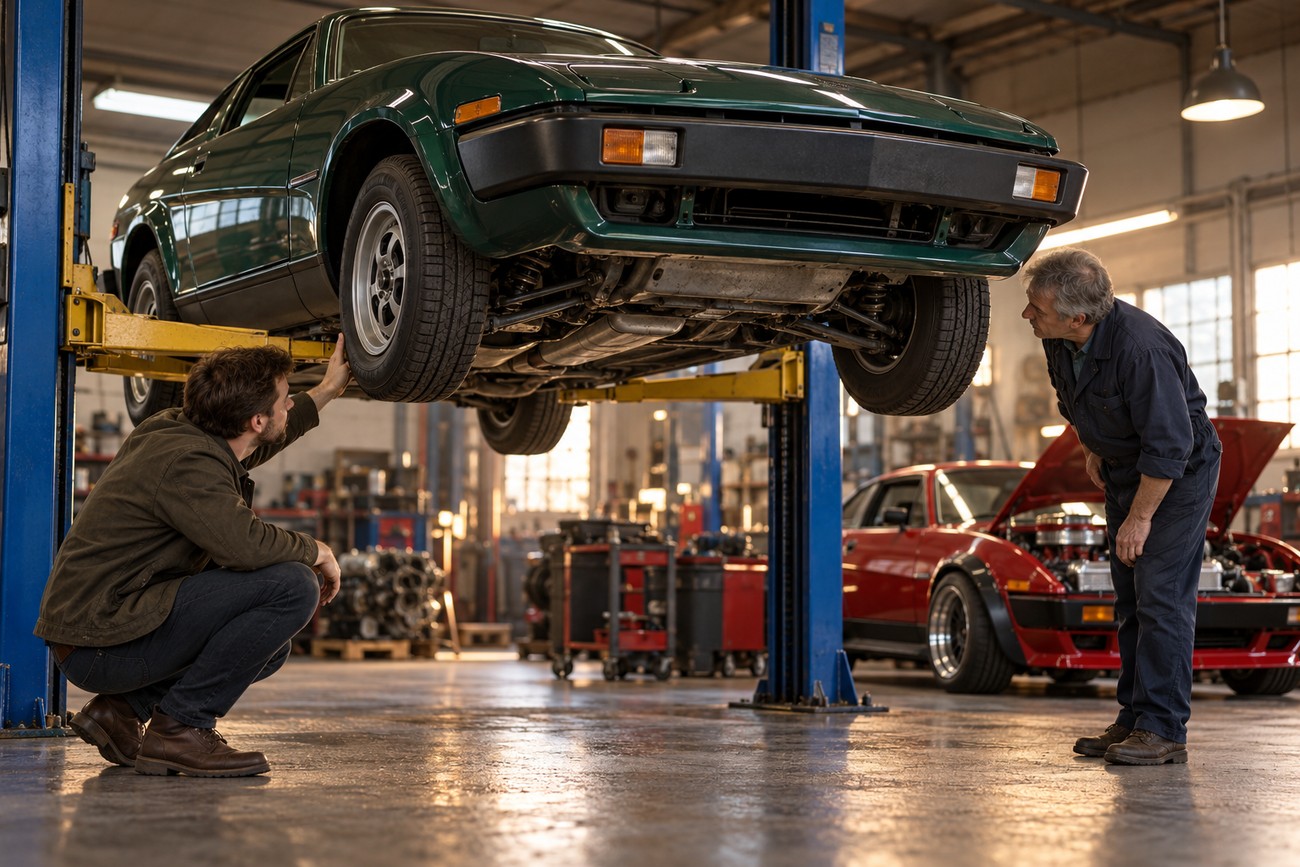 Two mechanics inspecting a classic green Triumph TR7 sports car lifted on a hydraulic hoist inside a professional auto repair garage
