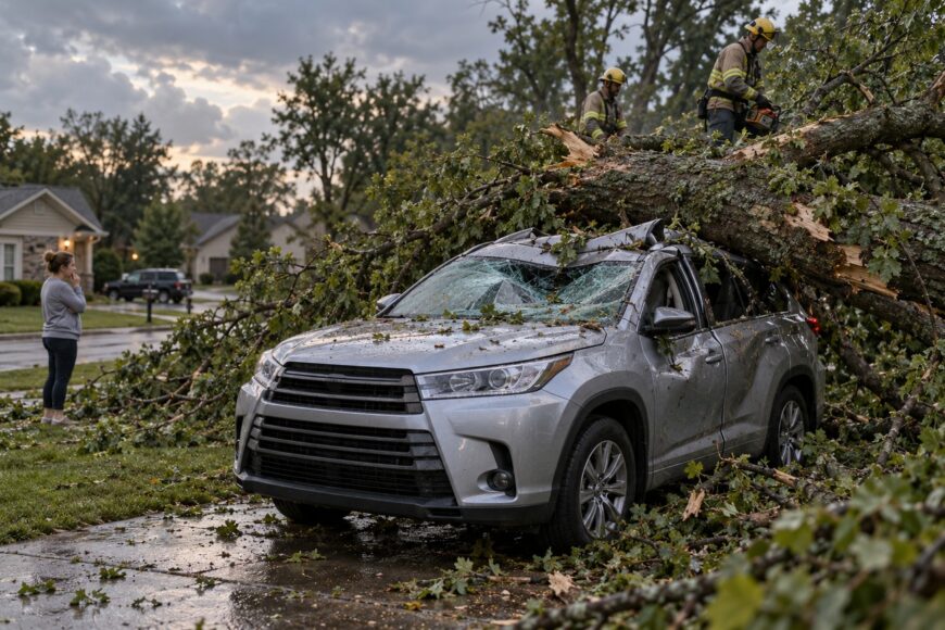 Firefighters use a chainsaw to cut a large fallen tree resting on a damaged silver Toyota Highlander SUV parked in a driveway