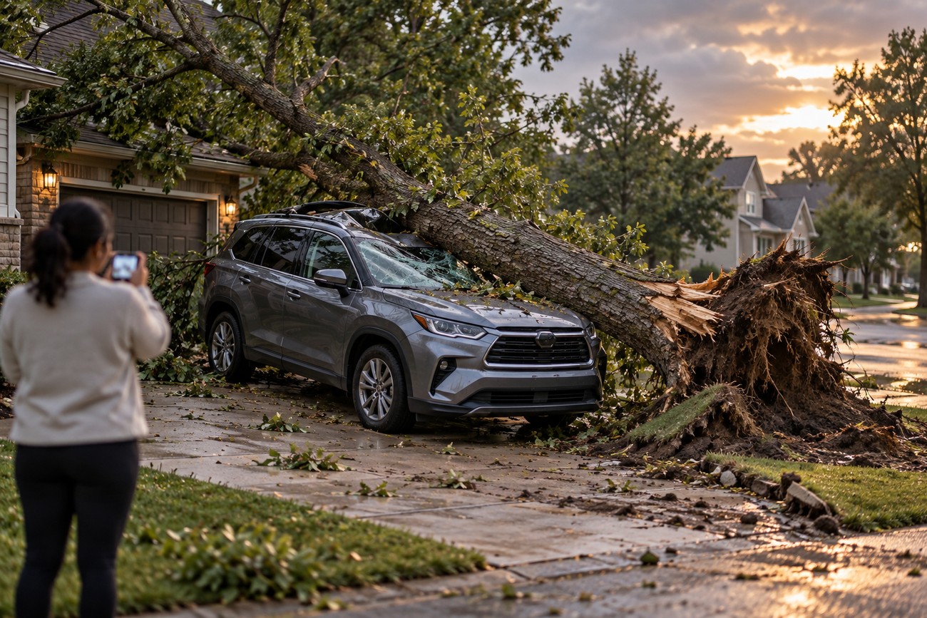 A woman taking a photo of a large fallen tree crushing a gray Toyota Highlander parked in a suburban driveway