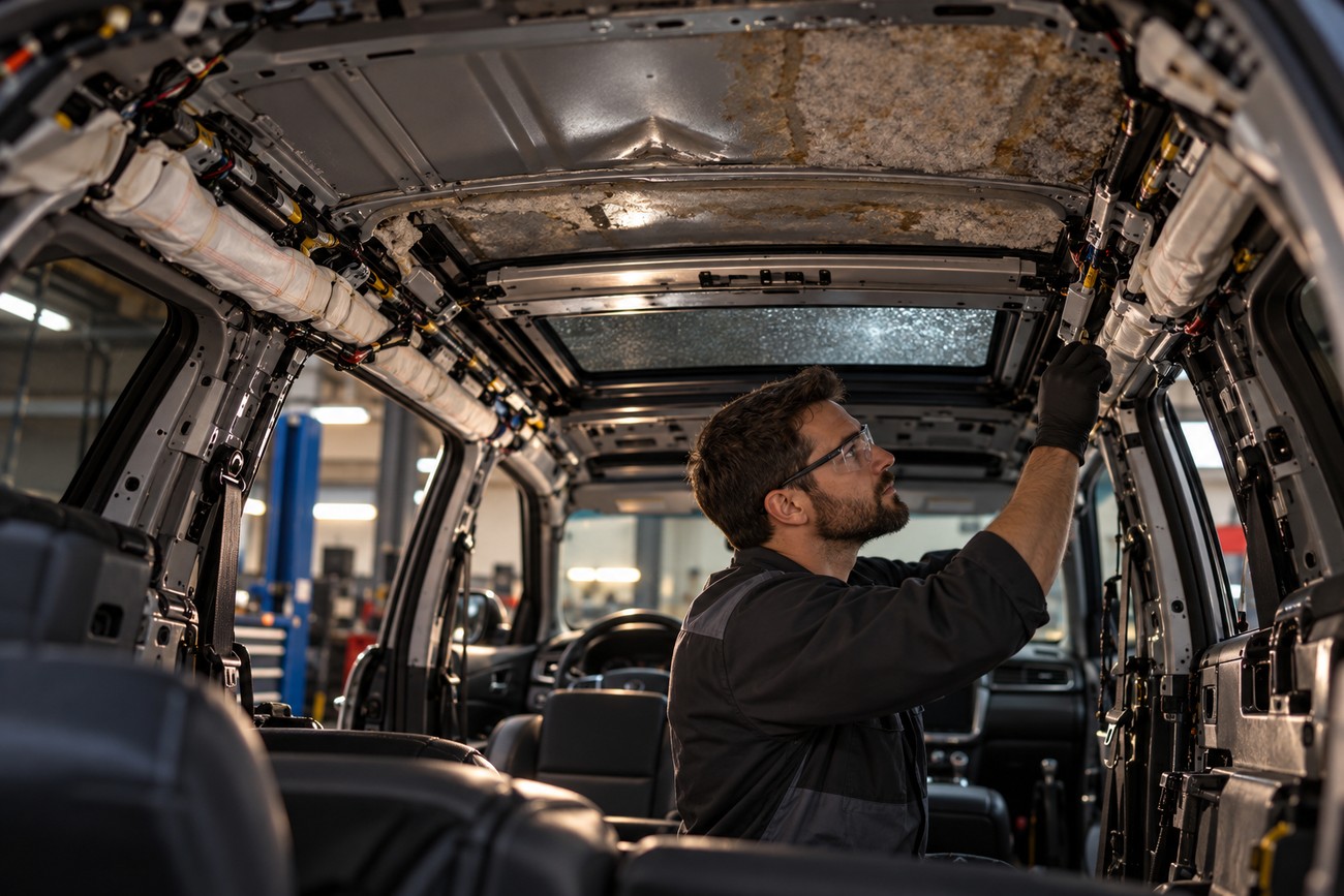 A mechanic in protective glasses inspecting the stripped interior roof frame of a Toyota Highlander in a repair shop
