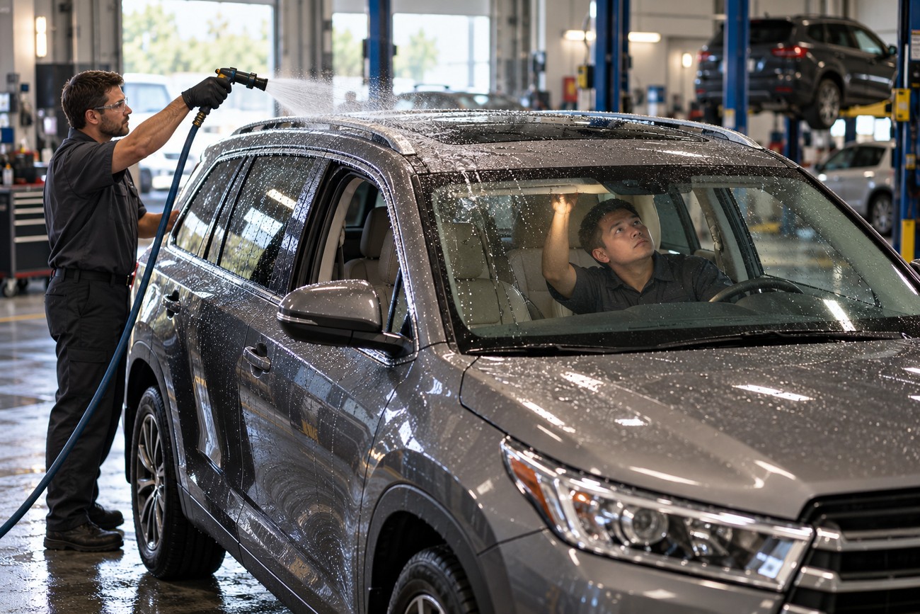 A mechanic sprays water on the roof of a gray Toyota Highlander in a repair shop while another mechanic checks the interior for leaks