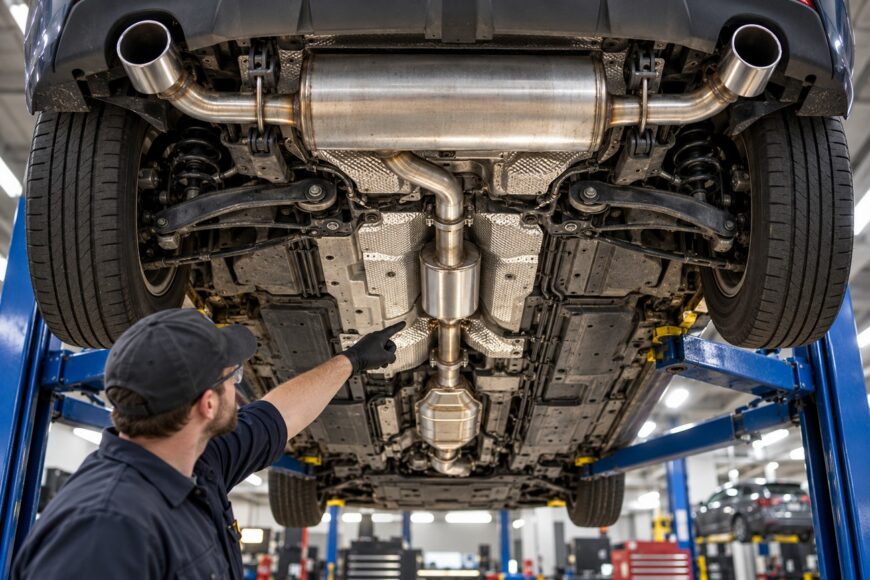 Mechanic pointing at the stainless steel cat-back exhaust system underneath a car lifted in an auto repair shop