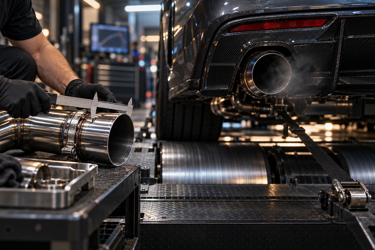 Mechanic wearing black gloves measuring a stainless steel cat-back exhaust pipe with calipers in an auto repair shop