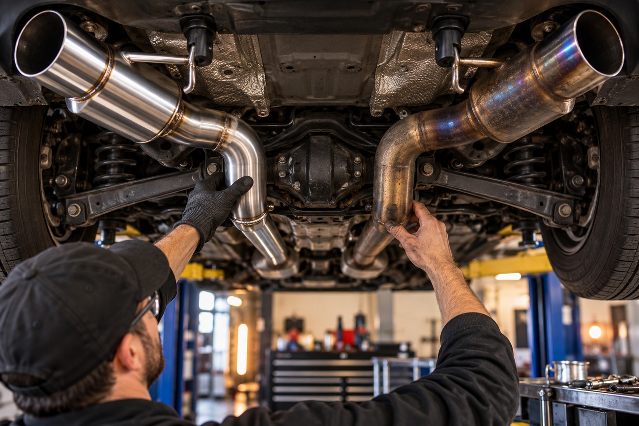 Mechanic in a workshop inspecting a custom stainless steel cat-back exhaust system under a raised car