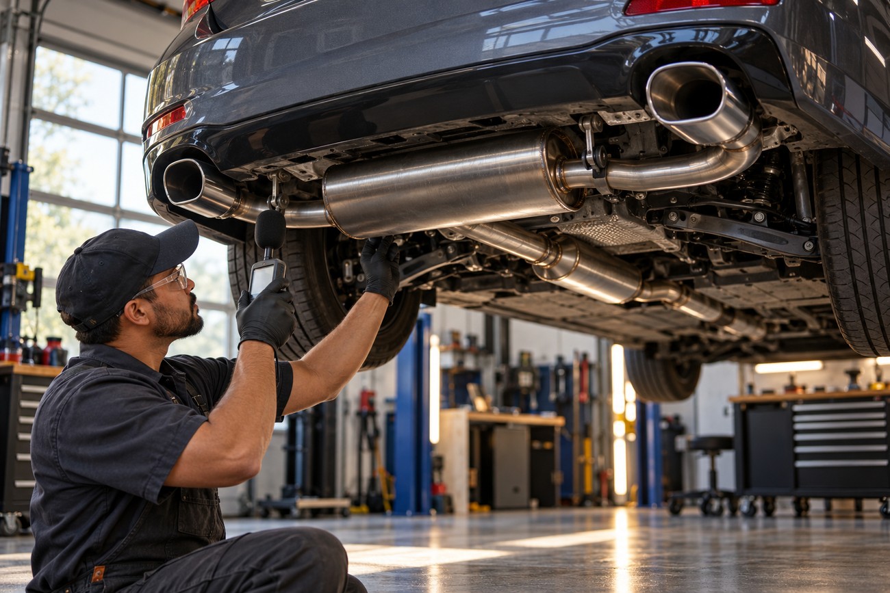 Mechanic wearing gloves and safety glasses measures sound levels near the stainless steel cat-back exhaust of a lifted car in a workshop