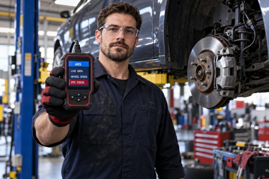 A mechanic wearing safety glasses and work gloves holds up an ABS diagnostic scanner in front of a car lifted on a hydraulic hoist in an auto repair shop