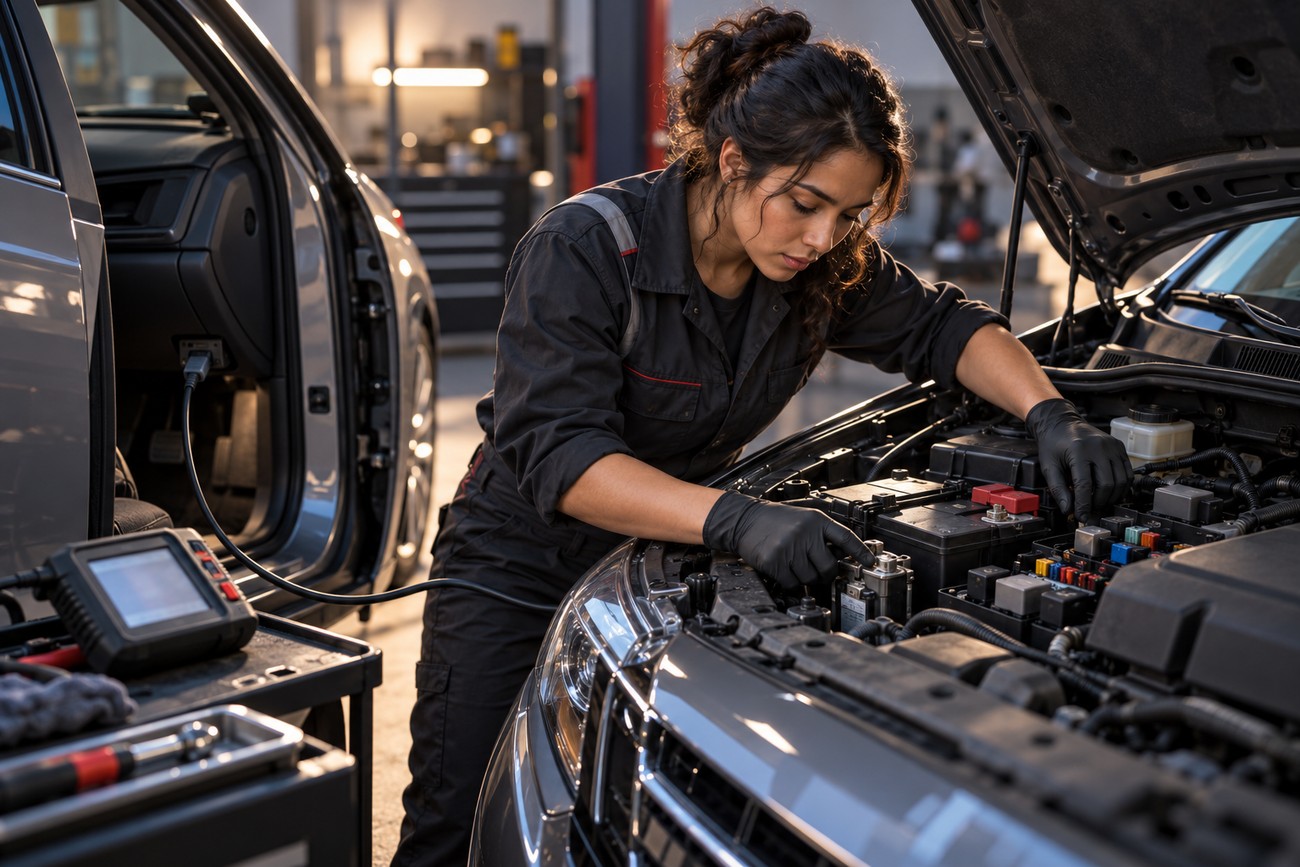 Female mechanic in overalls using a diagnostic scanner to check car engine and ABS components in a repair shop