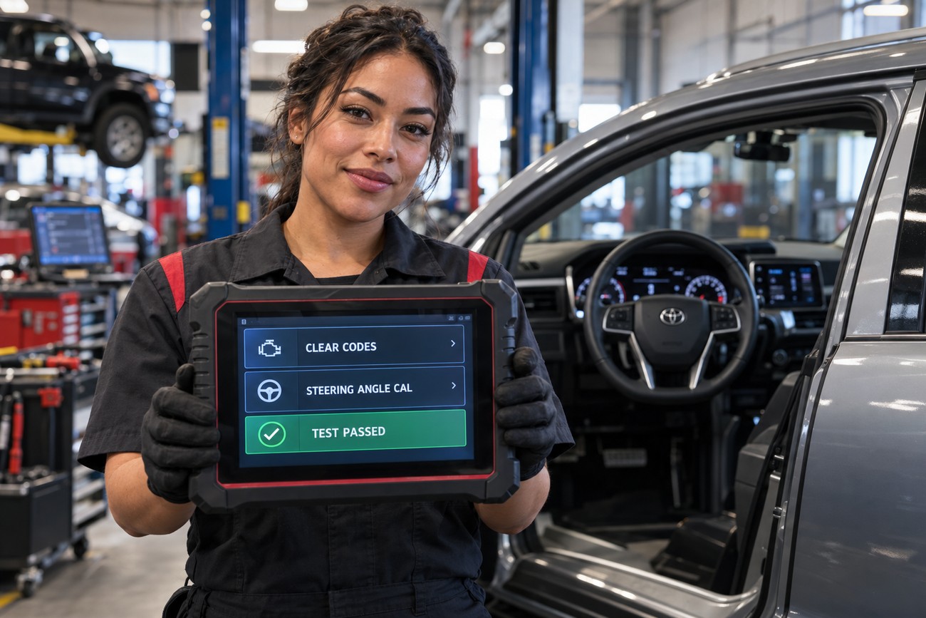 Female mechanic holding an automotive diagnostic scanner with test results displayed on the screen inside a car repair shop