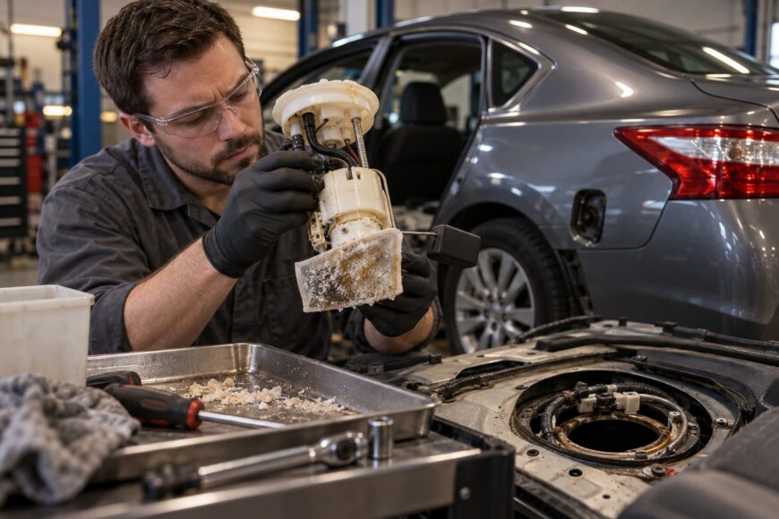 A mechanic holding a sugar-contaminated fuel pump removed from a Nissan Altima in an auto repair shop