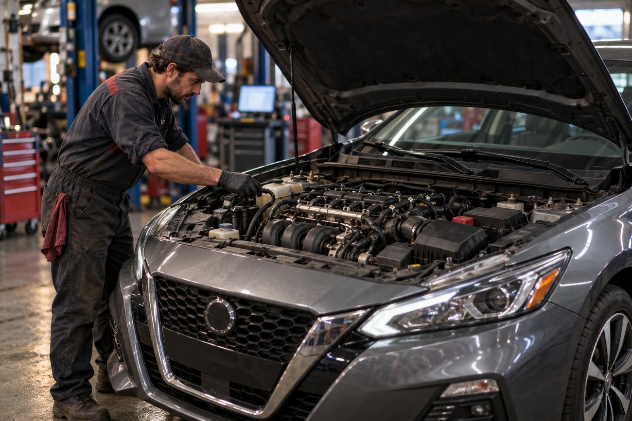 A mechanic in workwear inspecting the engine bay of a gray Nissan Altima inside a repair shop
