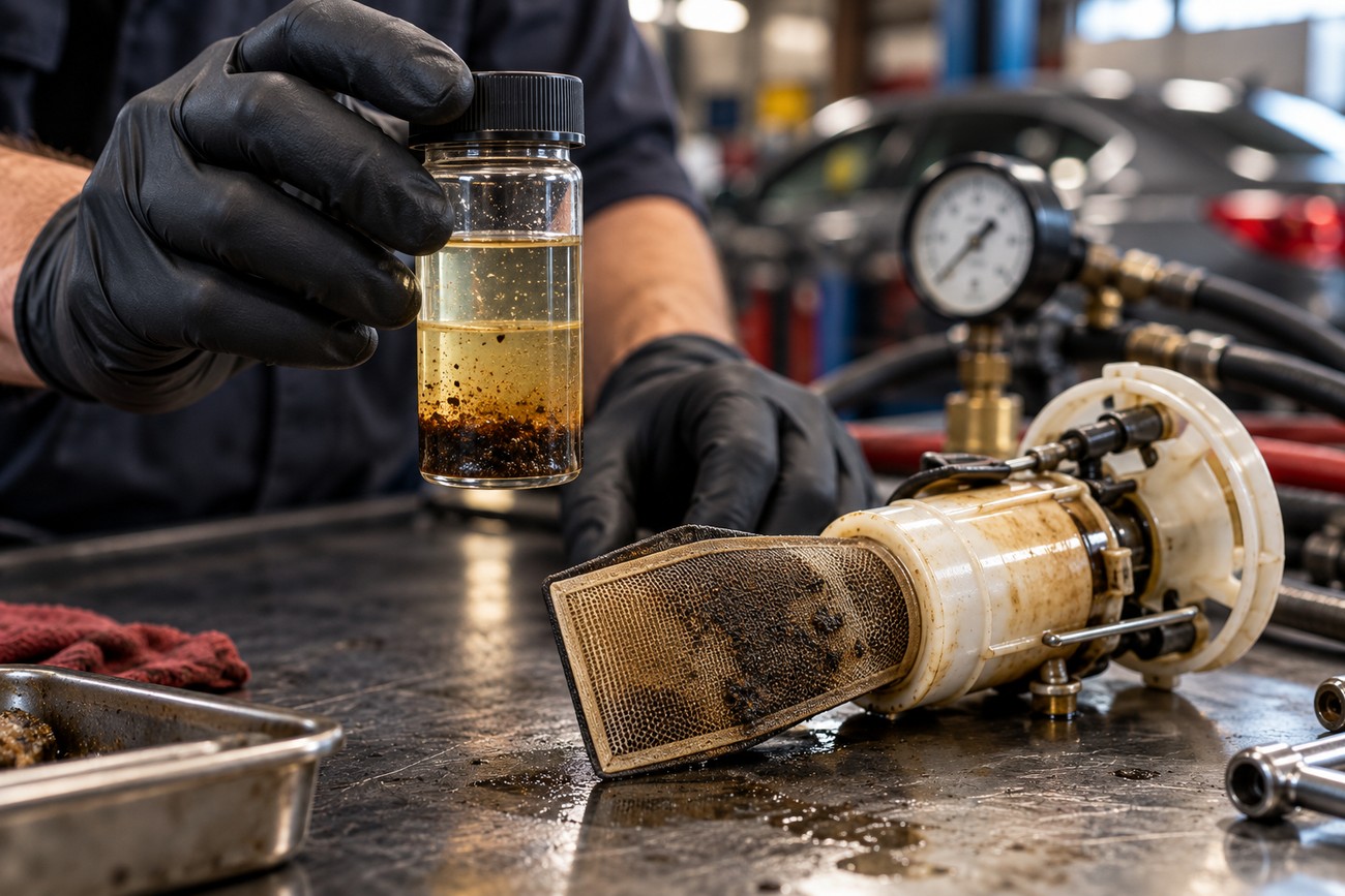 Mechanic in black gloves holding a small glass bottle with contaminated fuel and sediment next to a dirty fuel pump in a repair shop