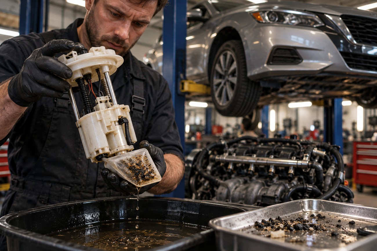 Mechanic wearing black gloves inspects a contaminated fuel pump assembly with sugar debris from a Nissan Altima fuel tank in a repair shop