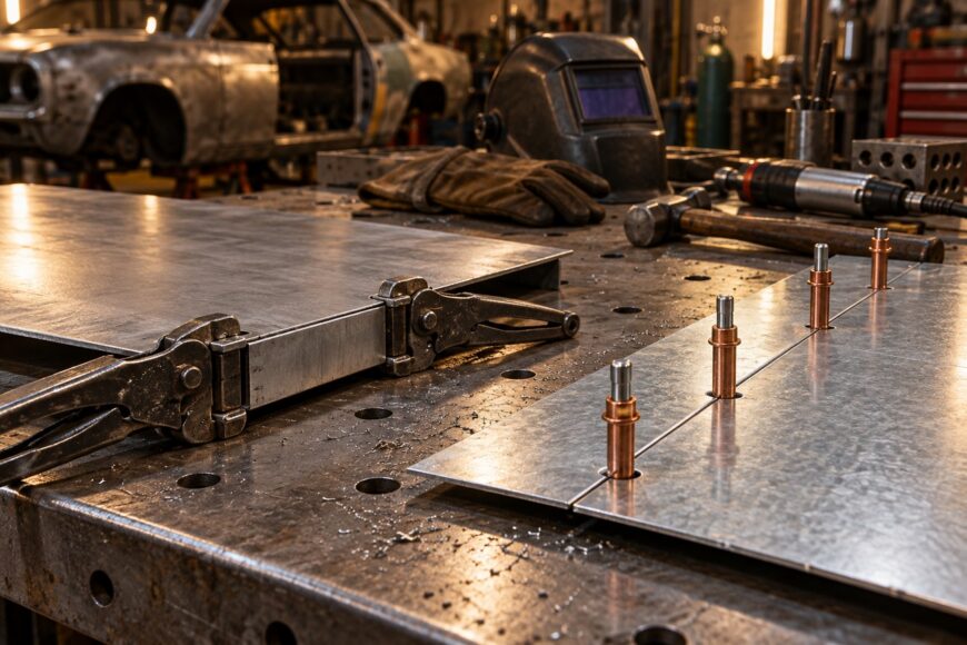 Metal panels held together with panel clamps and cleco fasteners on a workbench in an automotive workshop