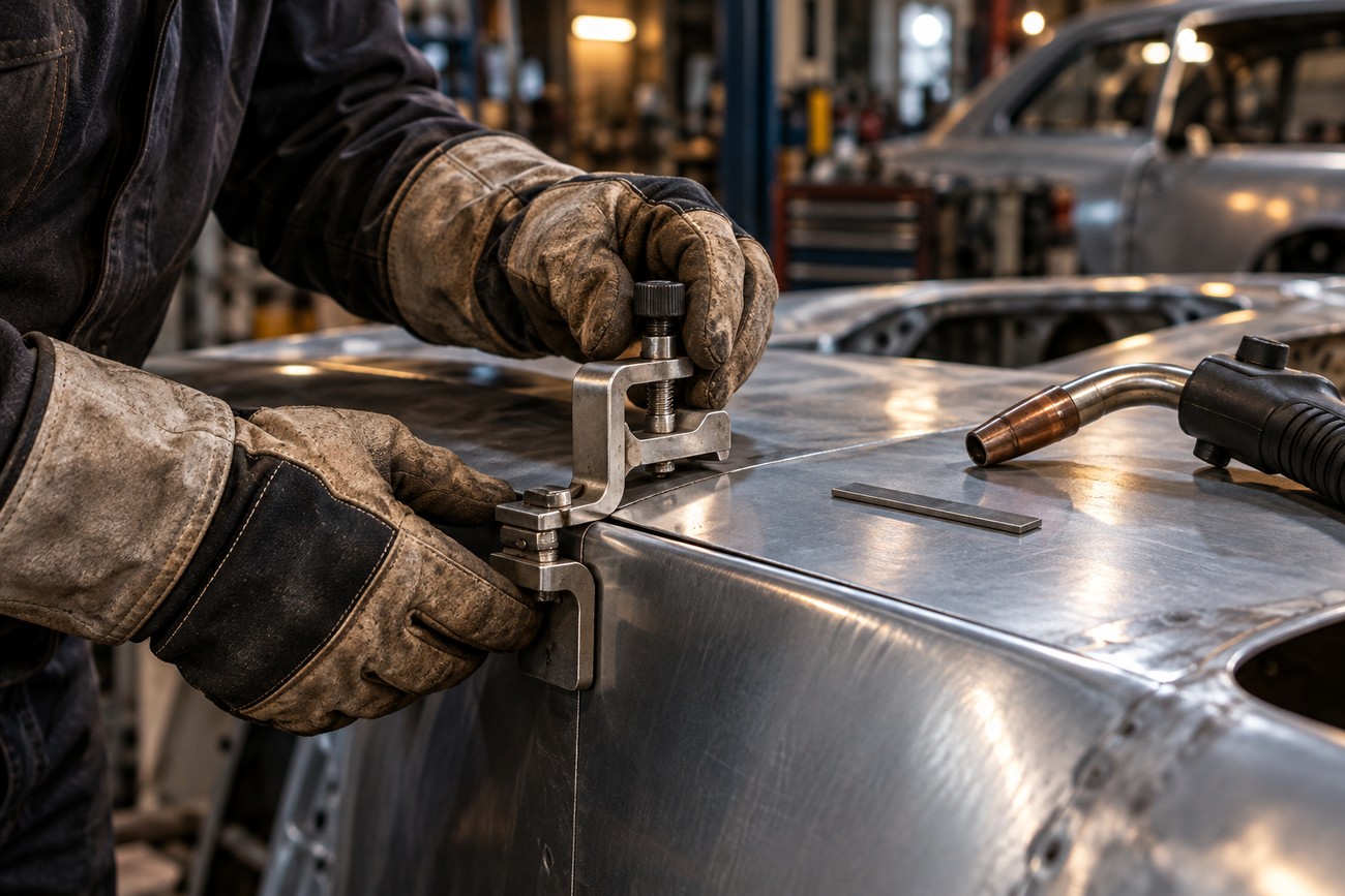 Mechanic in leather work gloves adjusting a metal butt weld panel clamp on a car body panel in a workshop