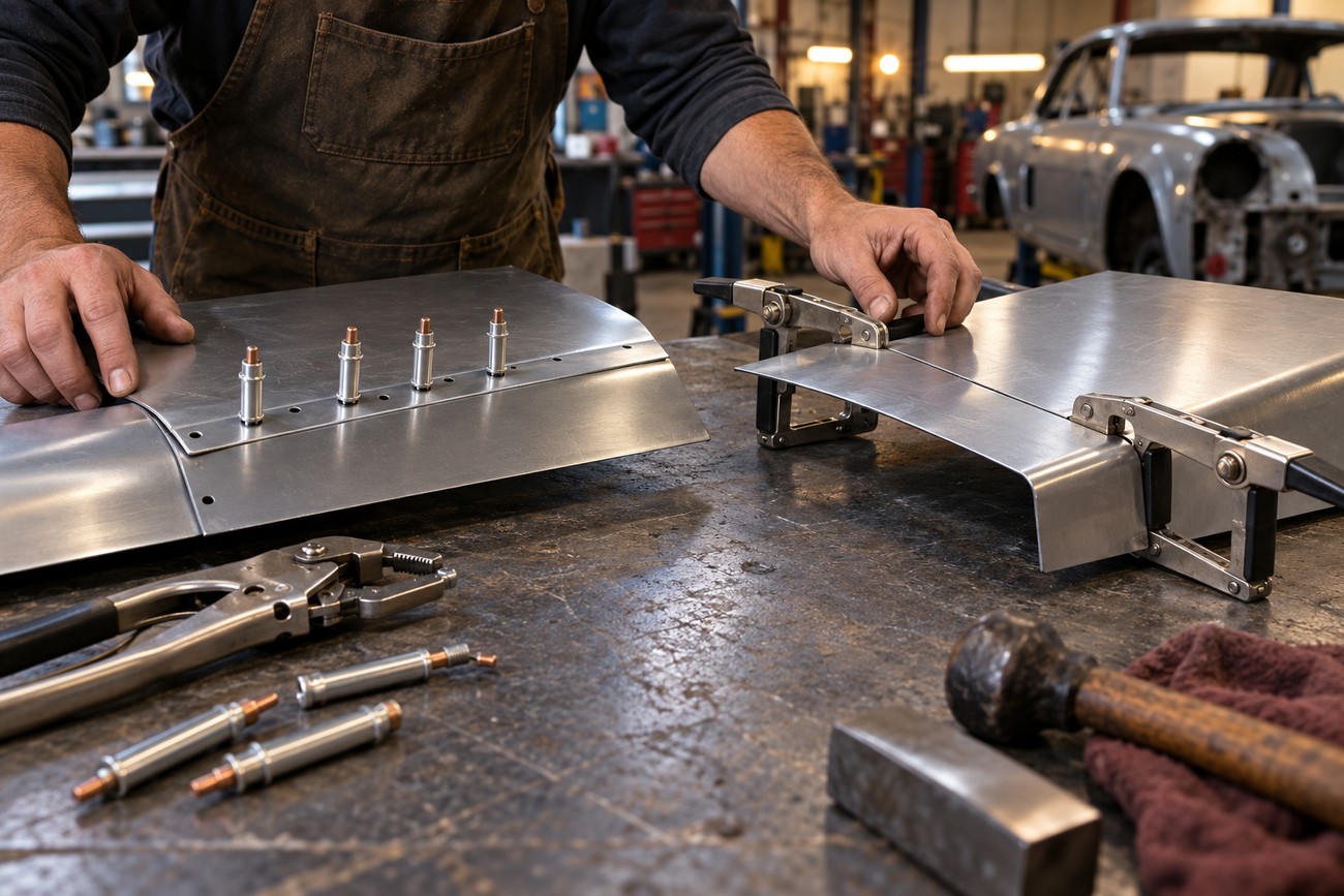 Mechanic working with sheet metal panels using Cleco fasteners and locking clamps on a workshop workbench