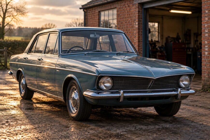 Classic blue Ford Corsair saloon with a pointed nose parked on a wet driveway outside a brick garage
