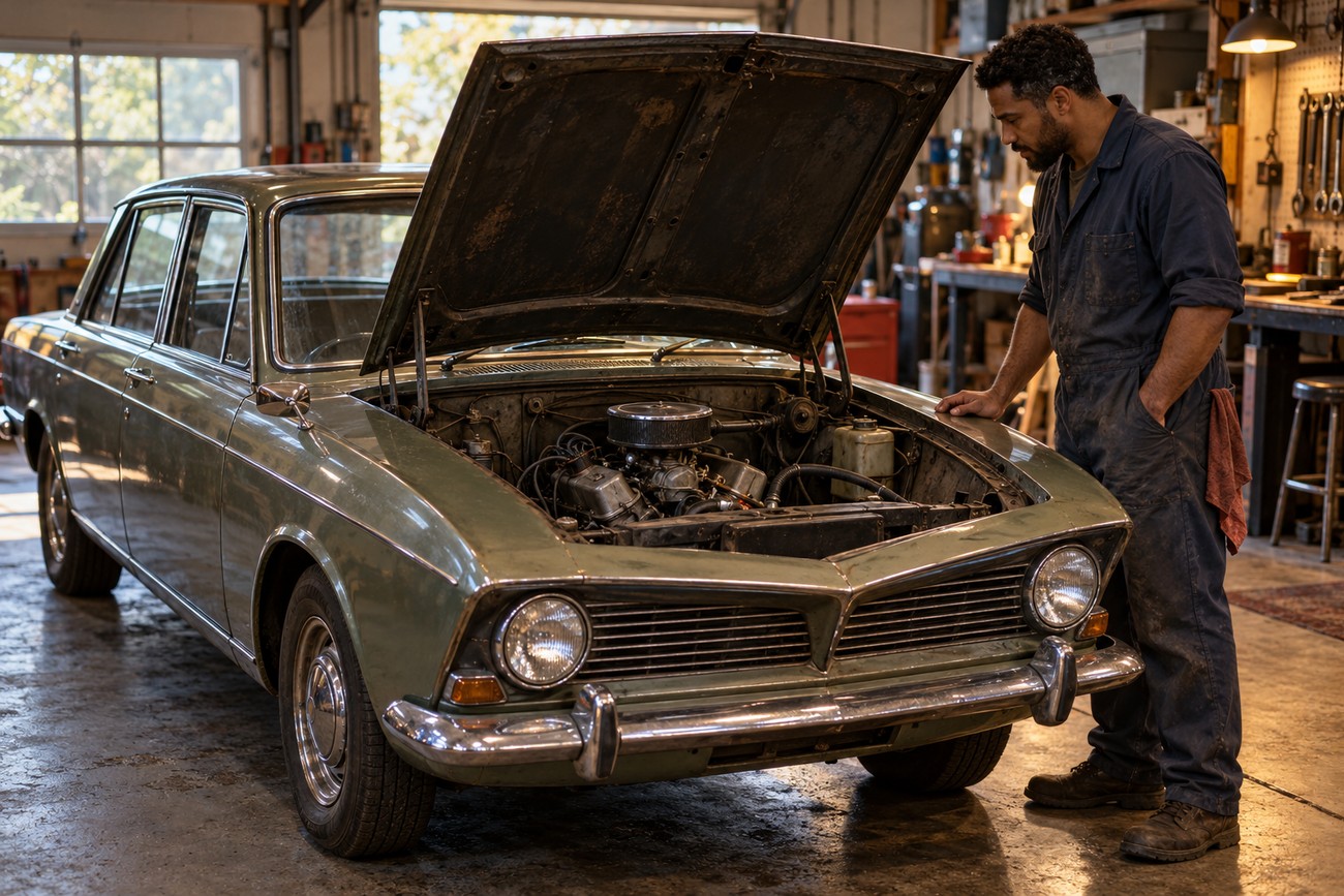 A mechanic in blue overalls inspecting the V4 engine of a vintage green Ford Corsair saloon with an open hood inside a garage