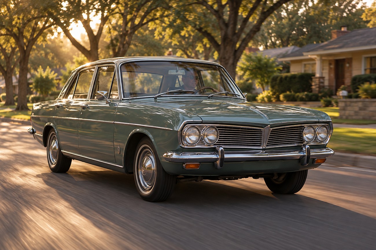 A vintage green Ford Corsair V4 saloon drives on a sunny suburban street with trees casting long shadows