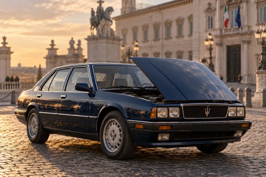 Dark blue Maserati Quattroporte III parked on cobblestone pavement with open hood in front of the Quirinal Palace