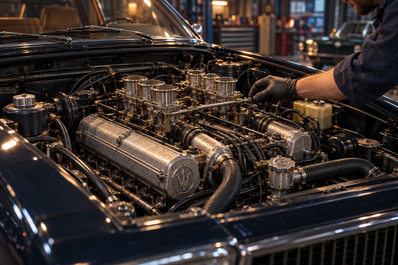A mechanic wearing black gloves adjusting components on the classic V8 engine of a Maserati Quattroporte III inside a vintage repair shop