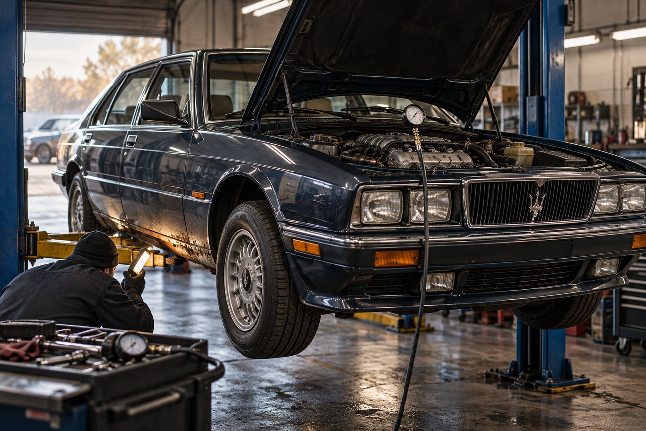 A mechanic inspecting the undercarriage of a classic dark blue Maserati Quattroporte III lifted on a hydraulic hoist in a garage