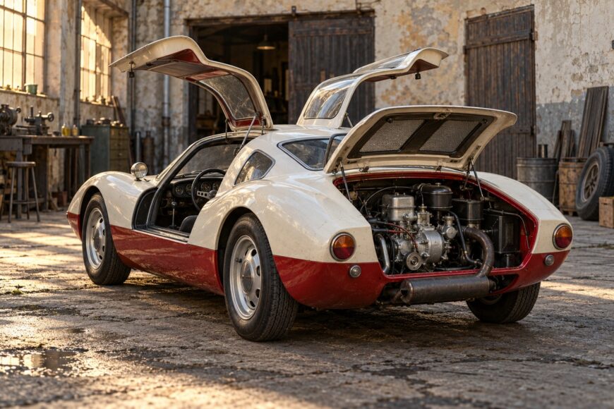 Rear view of a white and red Melkus RS 1000 sports car with open gullwing doors and engine compartment in an old industrial courtyard