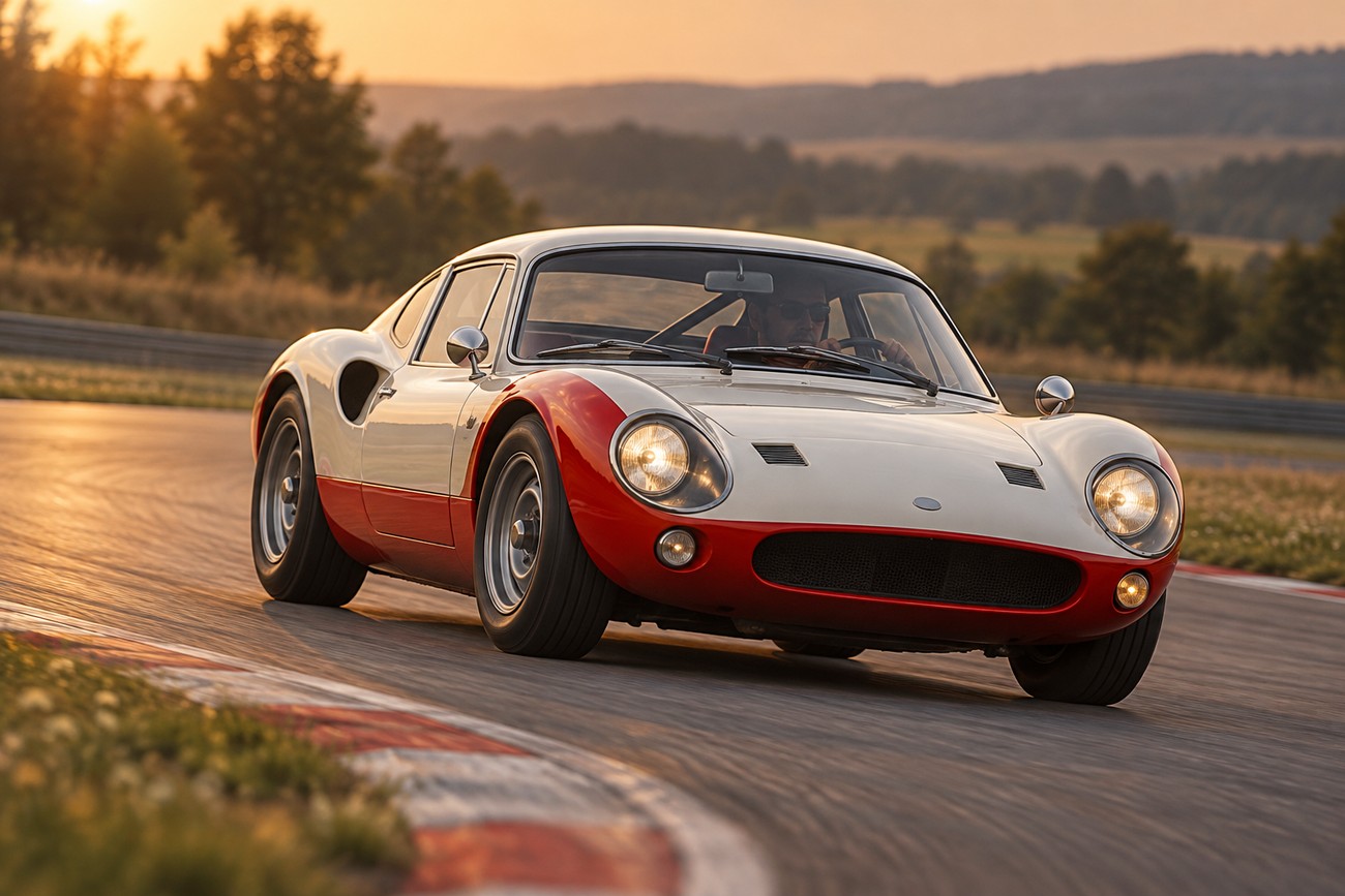 A vintage white and red Melkus RS 1000 sports car driving fast around a curve on a racetrack at sunset