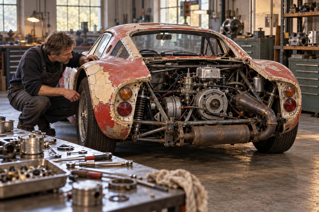 A mechanic crouching next to a classic Melkus RS 1000 sports car with its exposed engine bay in a workshop