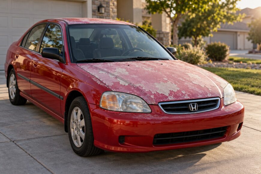 A red Honda Civic parked in a driveway with severe sun damage and peeling clear coat on the hood