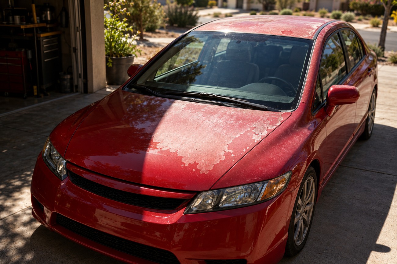 A red Honda Civic parked in a driveway with severe sun-faded paint and peeling clear coat on the hood and roof