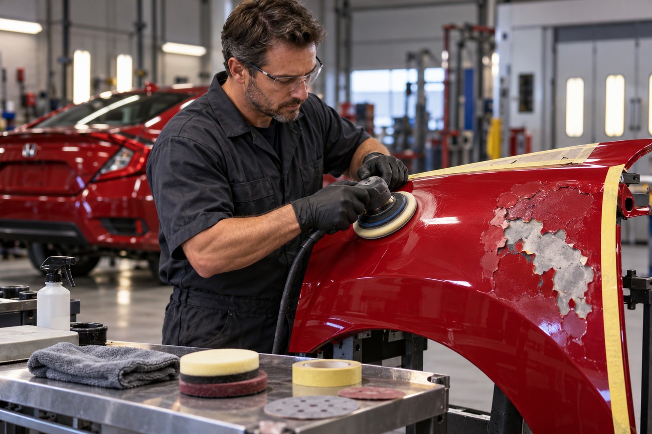 Professional mechanic using a buffer machine to restore sun-faded paint on a red Honda Civic body panel