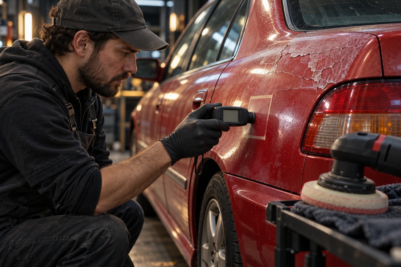 A mechanic in black gloves measures paint thickness on the sun-faded red body of a Honda Civic