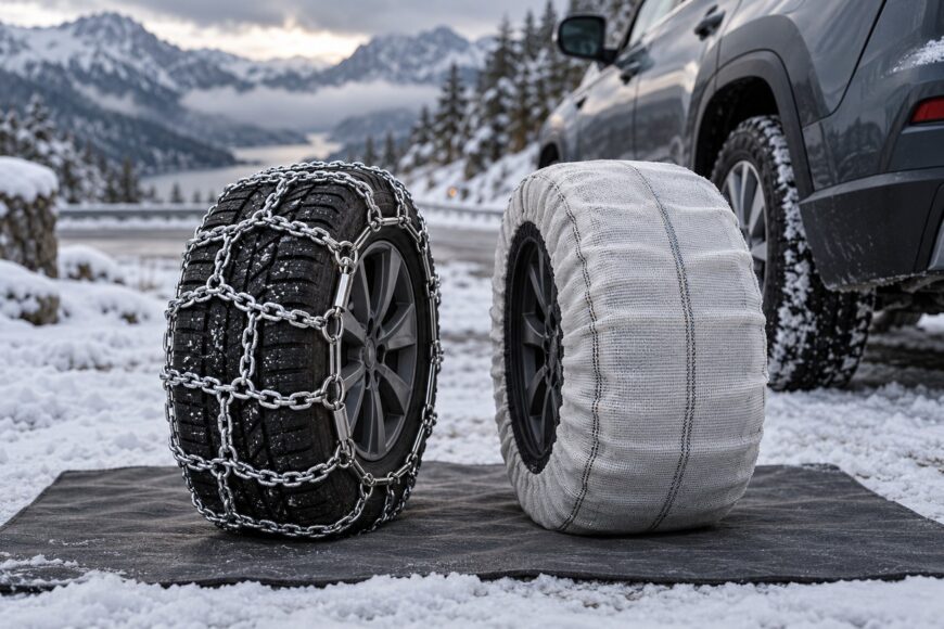 Two car wheels placed side by side on a snowy ground, one fitted with metal tire chains and the other with a fabric snow sock, with a car and snowy mountains in the background