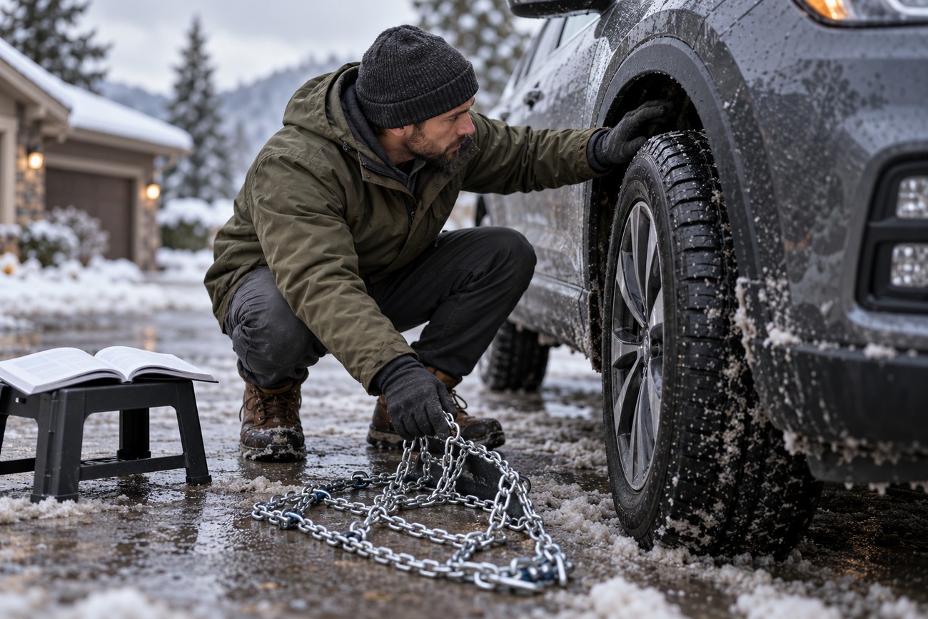 A man in a winter jacket crouching on snow next to a car and preparing to install metal tire chains