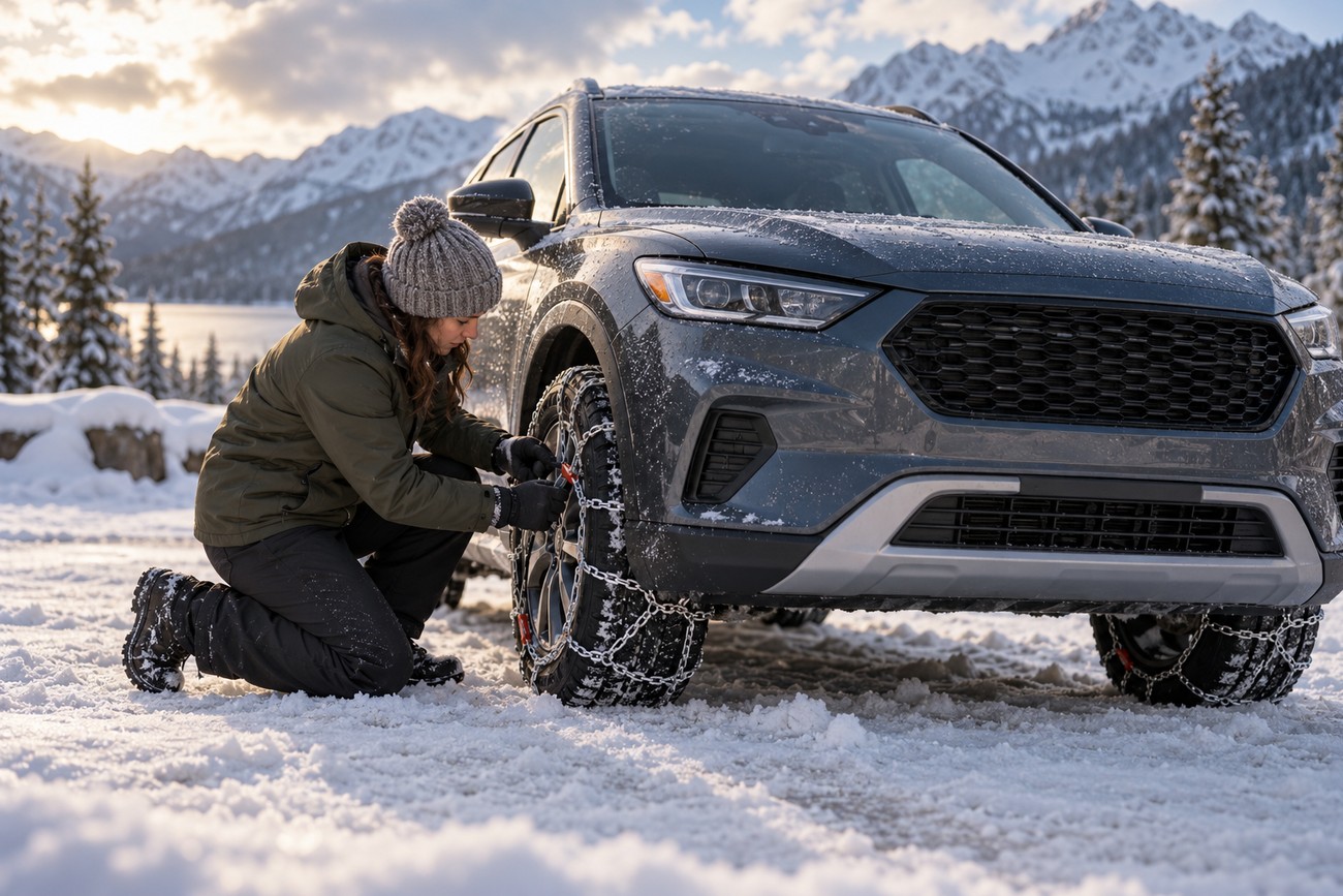 A woman wearing a knit hat and winter jacket kneels in the snow to install tire chains on her SUV wheel