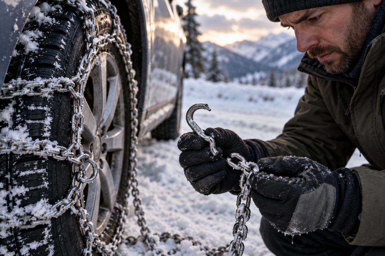 A man wearing winter gloves connecting the metal links of tire chains on a snowy roadside