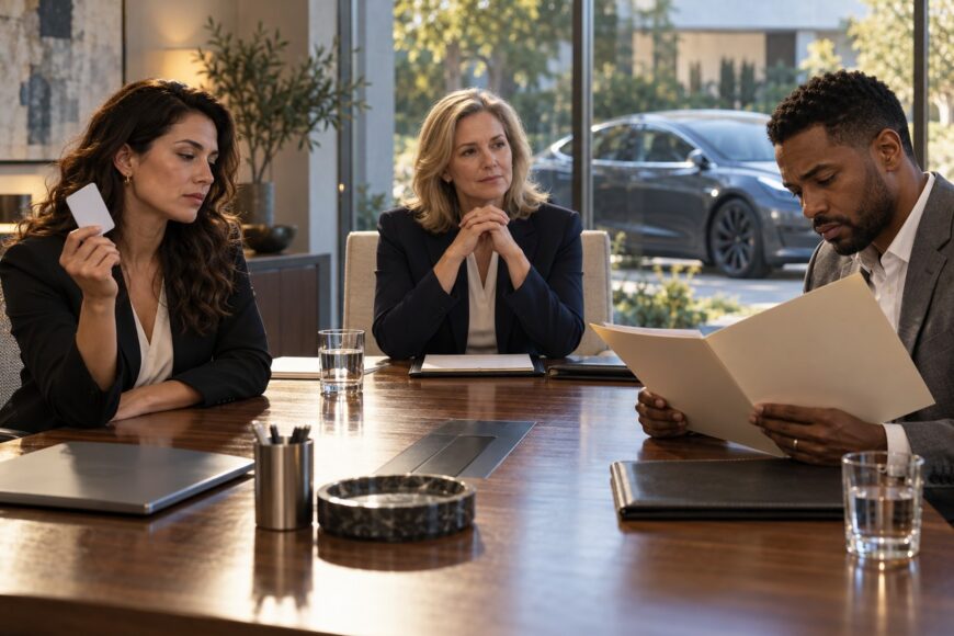 A man and a woman meeting with a female lawyer in a modern office while a Tesla is parked outside