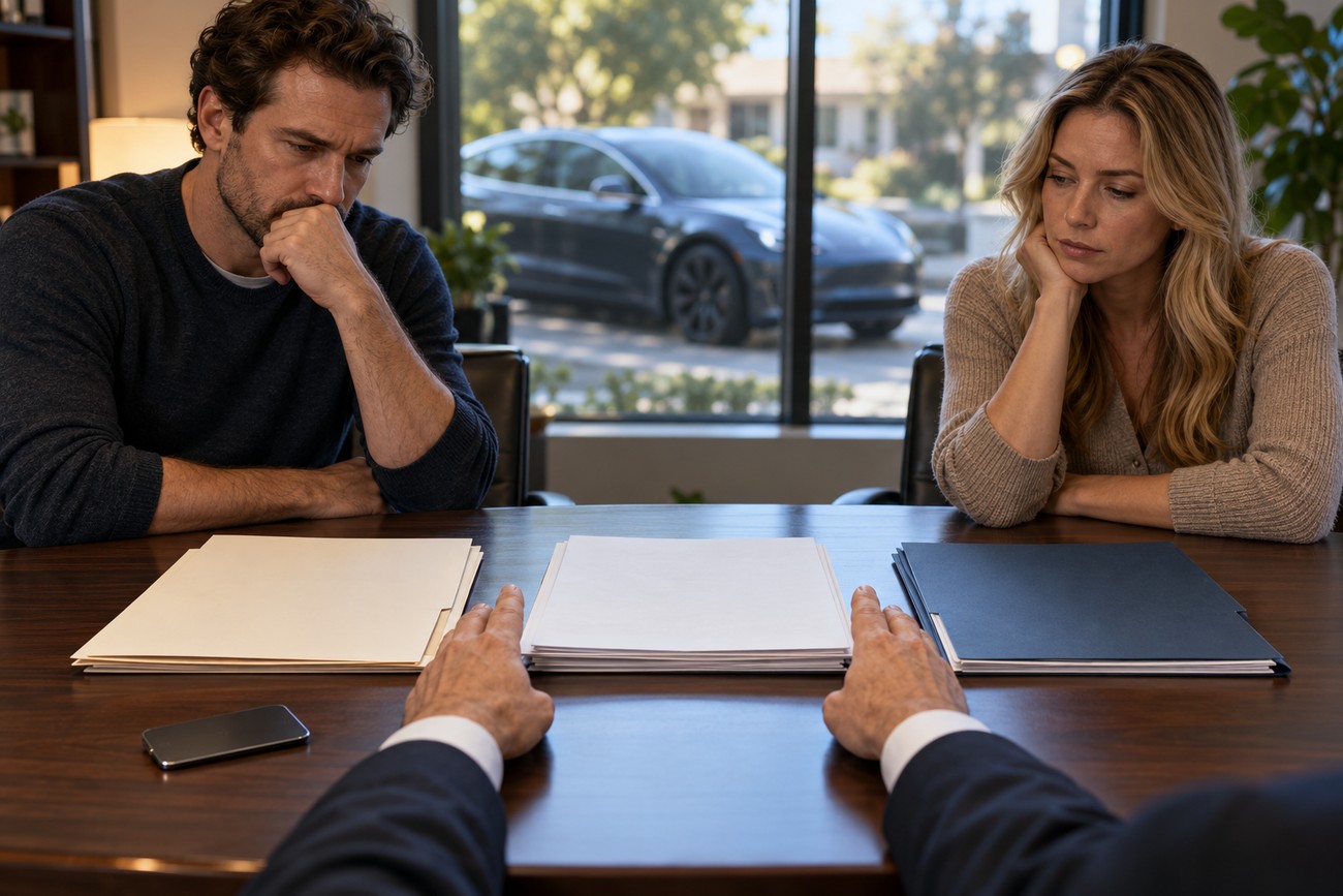 A stressed couple sitting across a lawyer at a table with legal documents while a Tesla is visible outside the window