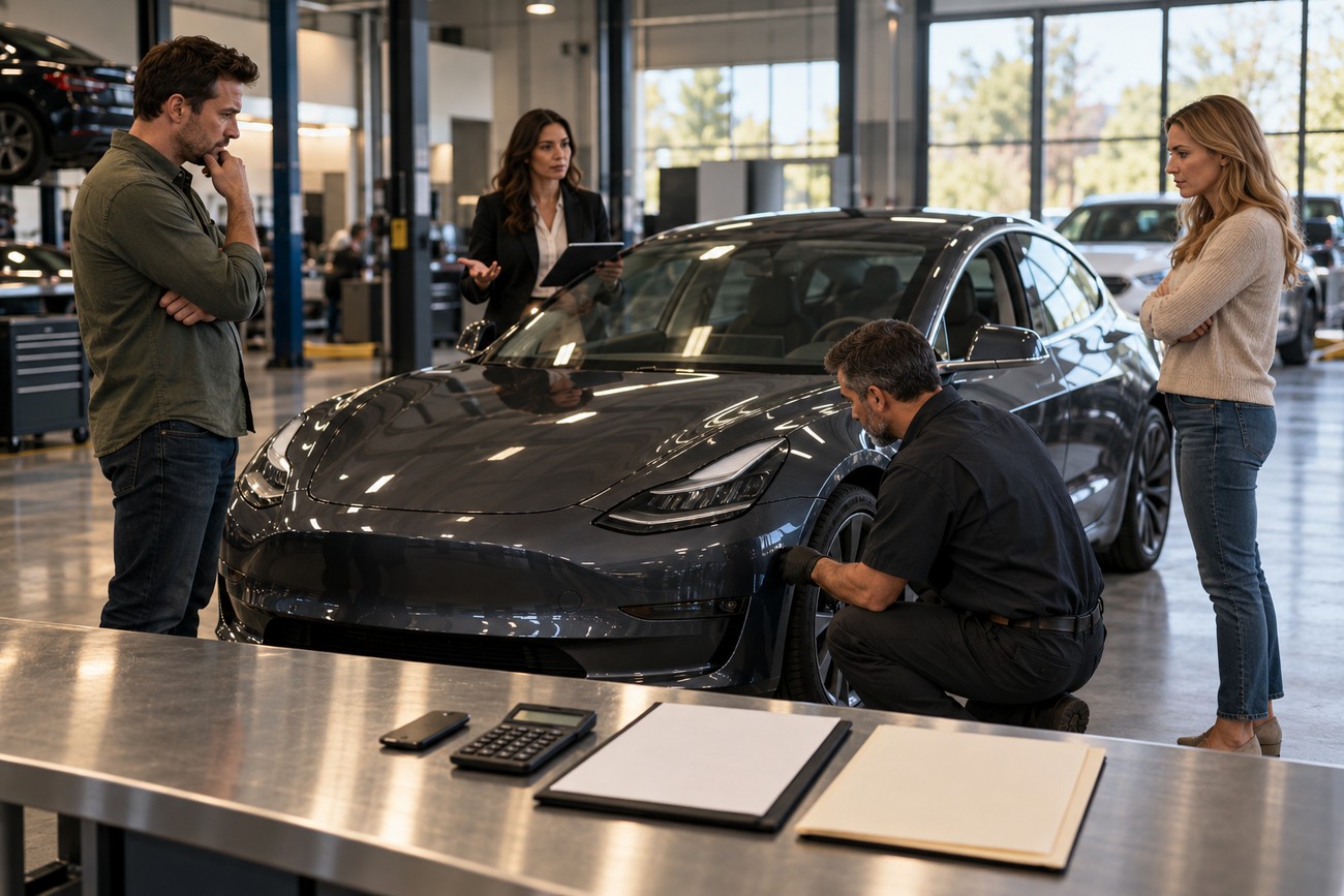 Divorcing couple looking at a gray Tesla electric car being inspected by a mechanic in a repair shop
