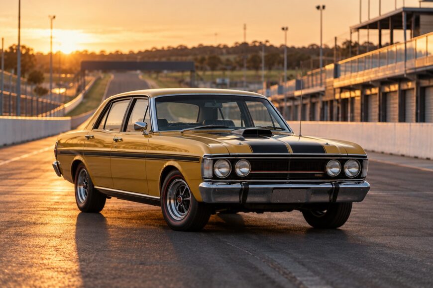 Classic yellow Ford Falcon GT-HO Phase III parked on an empty racetrack during sunset