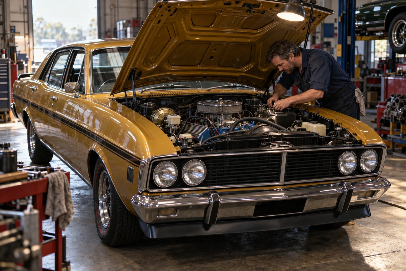 A mechanic leaning over the open hood of a classic mustard yellow Ford Falcon GT-HO Phase III sedan in a repair shop