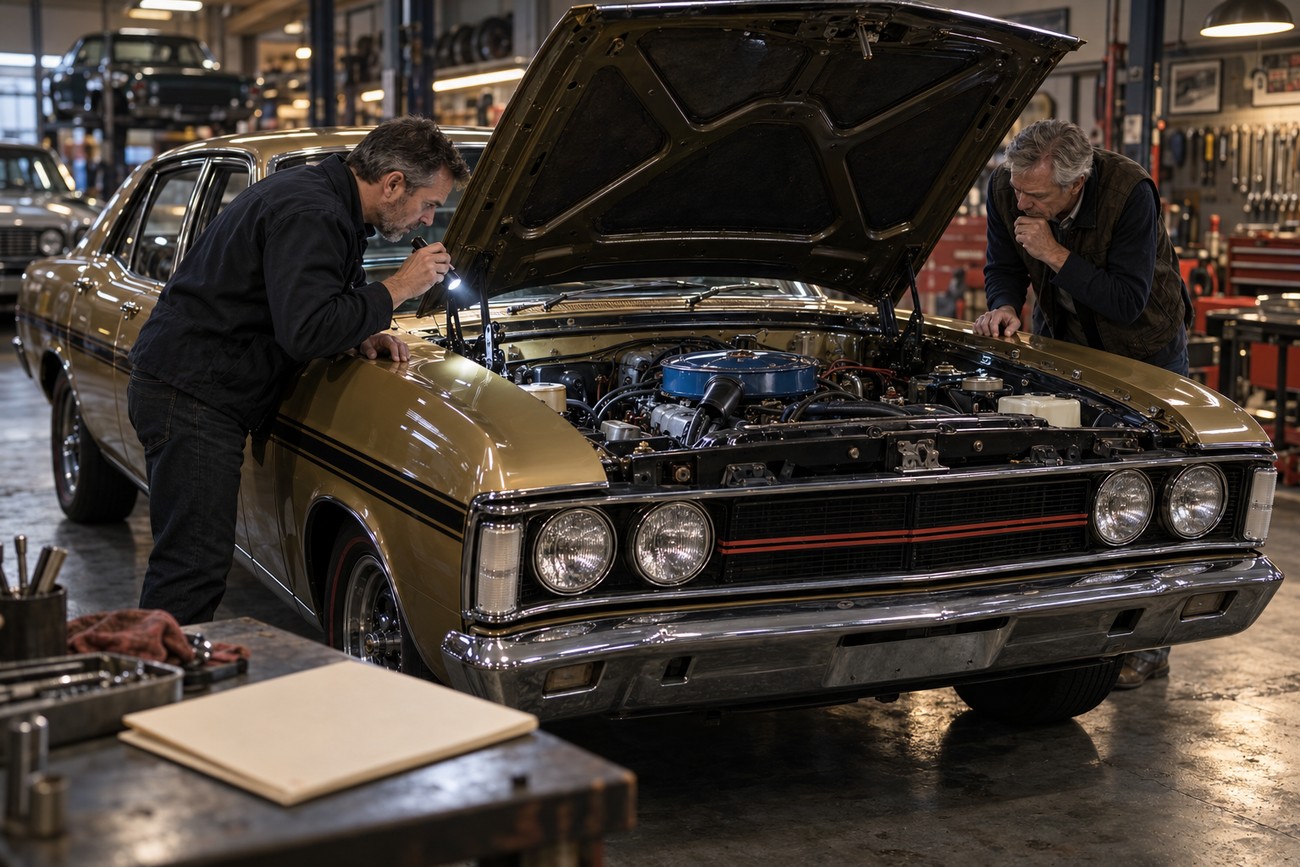 Two mechanics examining the engine under the open hood of a classic gold Ford Falcon GT-HO Phase III in a workshop