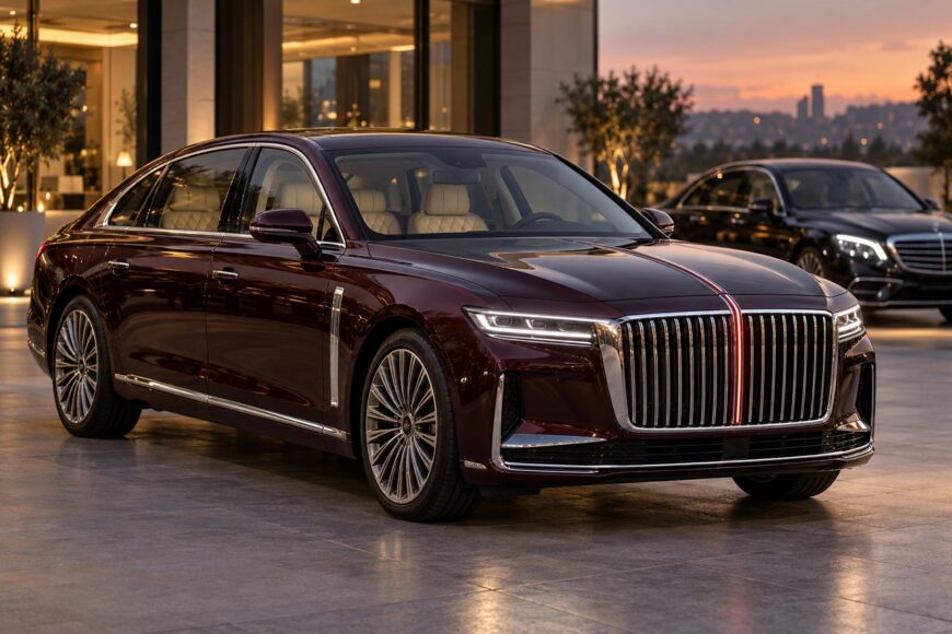 A dark red Hongqi H9 luxury sedan parked outside with a Mercedes in the background during sunset