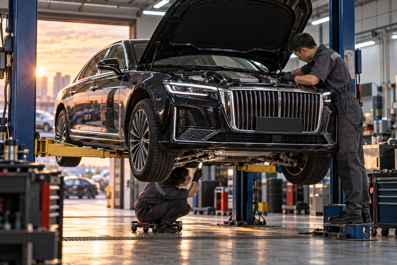 Two mechanics inspecting a black Hongqi H9 luxury sedan lifted on a hydraulic hoist in a garage