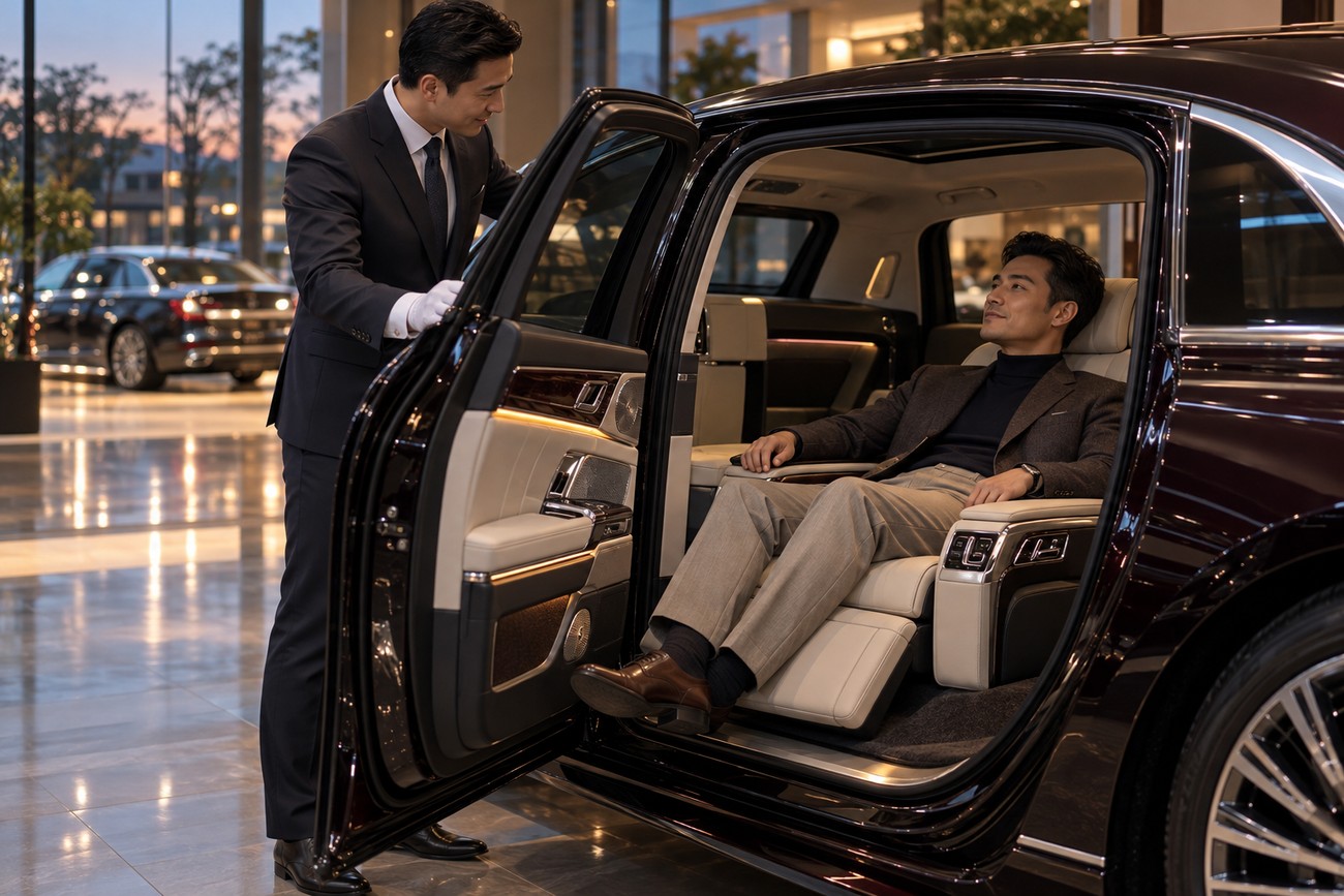 A professional chauffeur in a suit opening the door for a passenger relaxing in the luxury rear seat of a Hongqi H9 flagship sedan