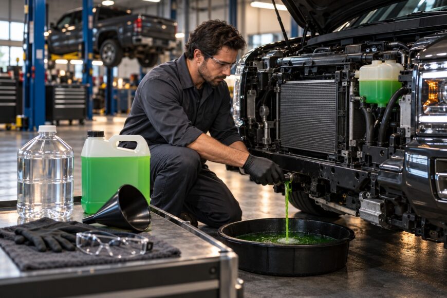 A mechanic in safety glasses draining green engine coolant from a car radiator into a black pan