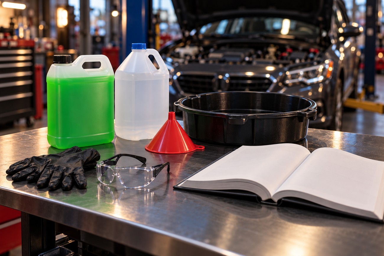 Coolant jugs, a red funnel, a drain pan, safety glasses, and gloves arranged on a metal workbench in an auto repair shop with a car in the background